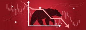 Bear or bearish market trend in crypto currency or stocks. Trade exchange background, down arrow graph for decrease in rates. Cryptocurrency price chart & blockchain technology. Global economy crash.