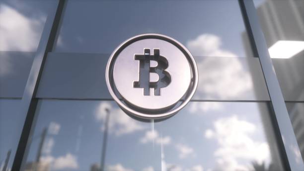 Bitcoin cryptocurrency sign on a modern glass skyscraper. Concept of modern business and finance. 3d illustration.