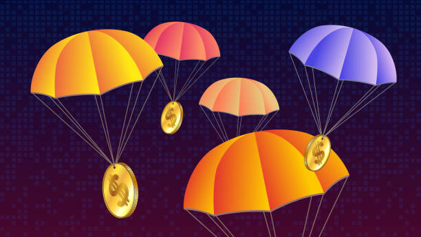 Airdrop concept with colorful parachutes and free golden coins Dollar USD on dark digital background. Distribution of free coins concept. Vector illustration.